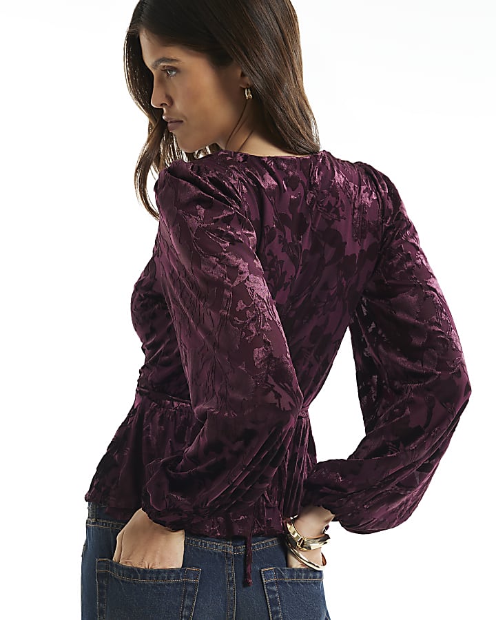 Burgundy Velvet Devore Long Sleeve Wrap Top