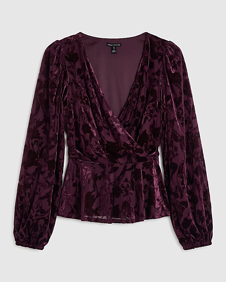 Burgundy Velvet Devore Long Sleeve Wrap Top