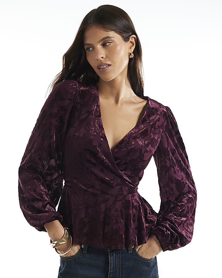 Burgundy Velvet Devore Long Sleeve Wrap Top
