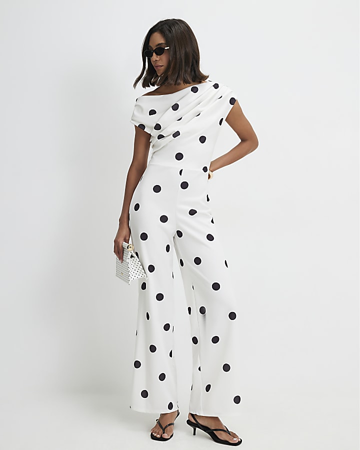 White Spot Asymmetric Drape Jumpsuit