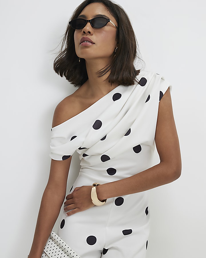 White Spot Asymmetric Drape Jumpsuit