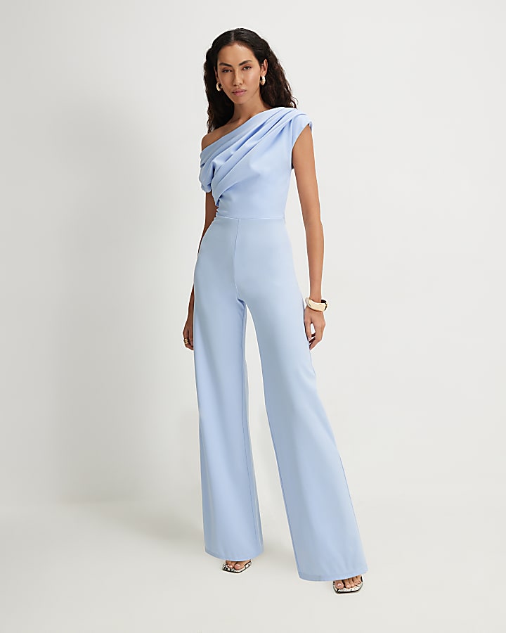 Blue Asymmetric Drape Jumpsuit