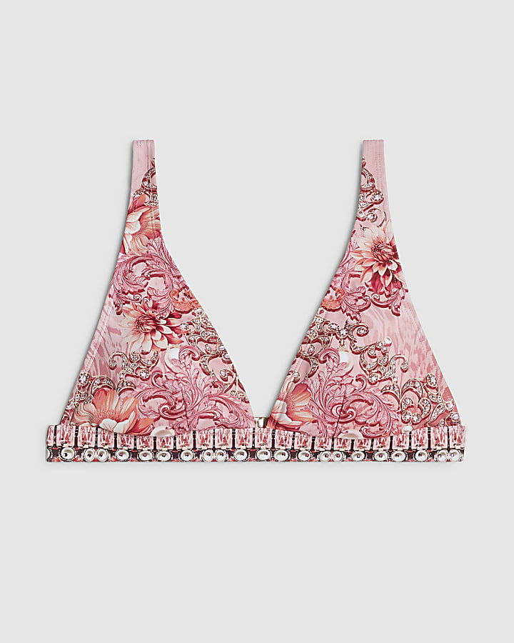 Pink Floral Pearl Padded Bikini Top