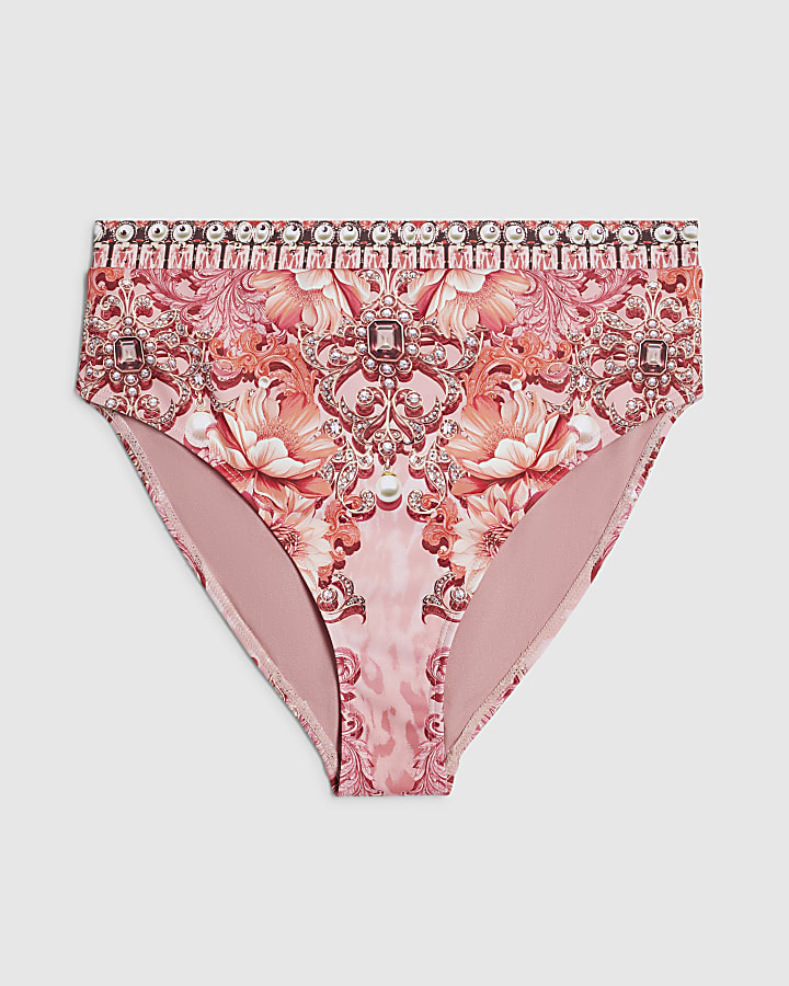 Pink High Waisted Floral Pearl Bikini Bottoms