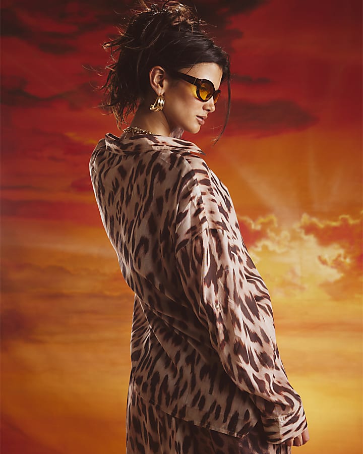 Brown Leopard Print Sliced Tie Front Shirt