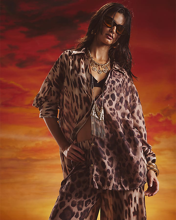 Brown Leopard Print Sliced Tie Front Shirt