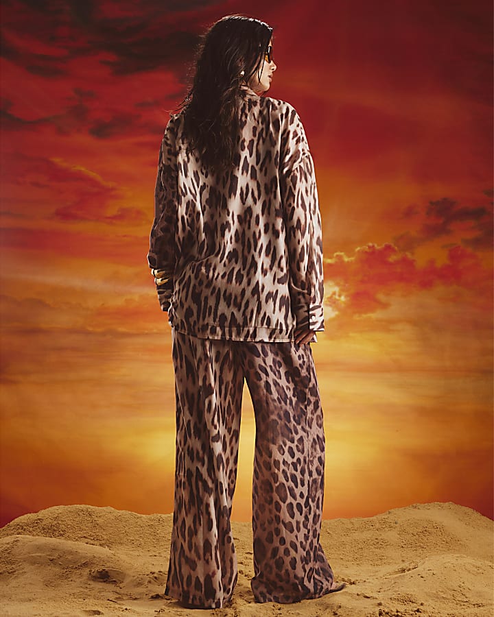 Brown Leopard Print Sliced Wide Leg Trousers