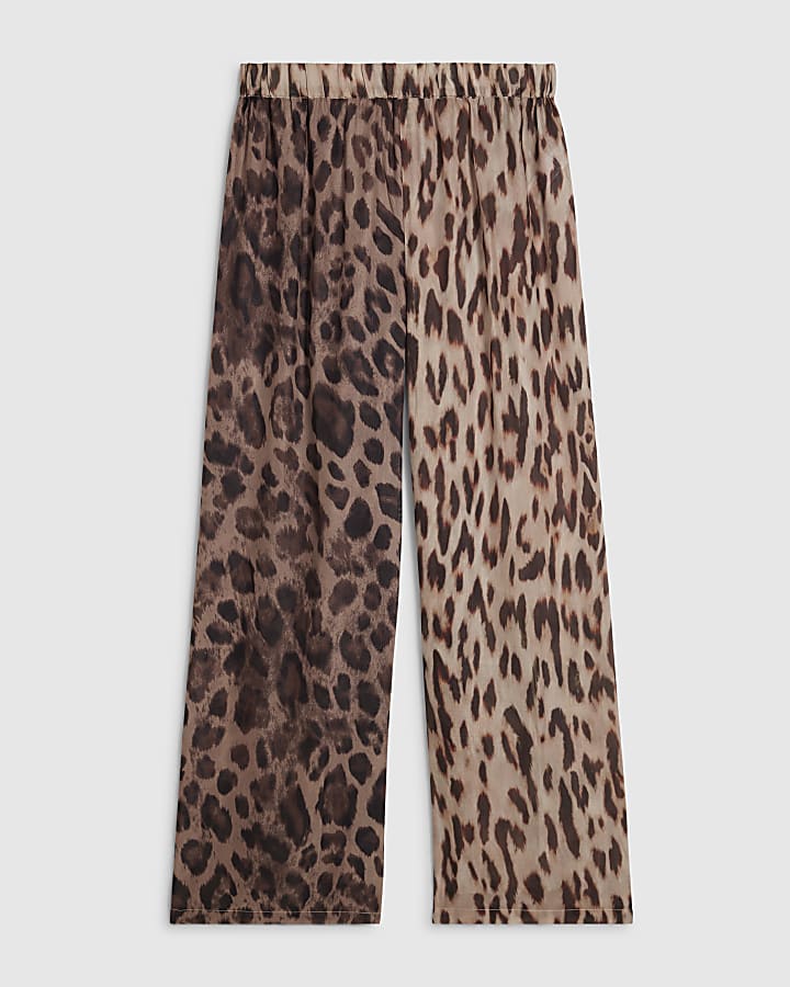 Brown Leopard Print Sliced Wide Leg Trousers