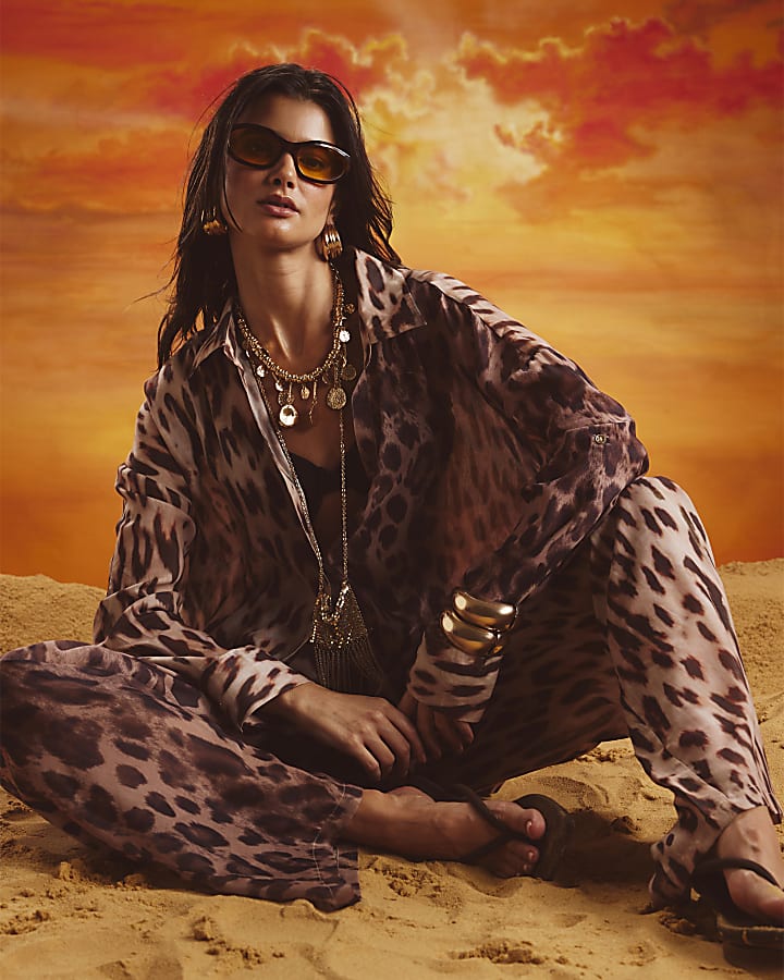 Brown Leopard Print Sliced Wide Leg Trousers