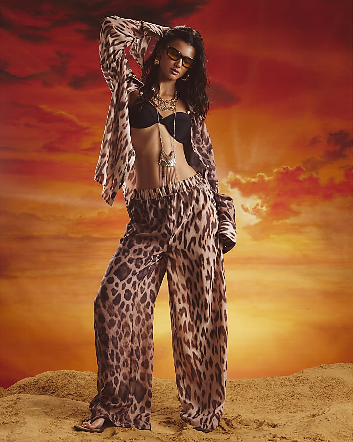Brown Leopard Print Sliced Wide Leg Trousers