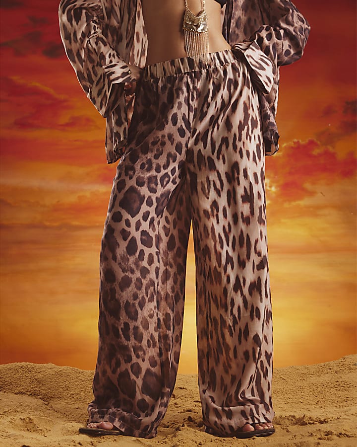 Brown Leopard Print Sliced Wide Leg Trousers