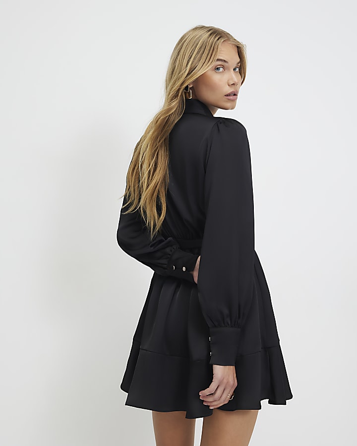 Black Satin Wrap Front Mini Dress