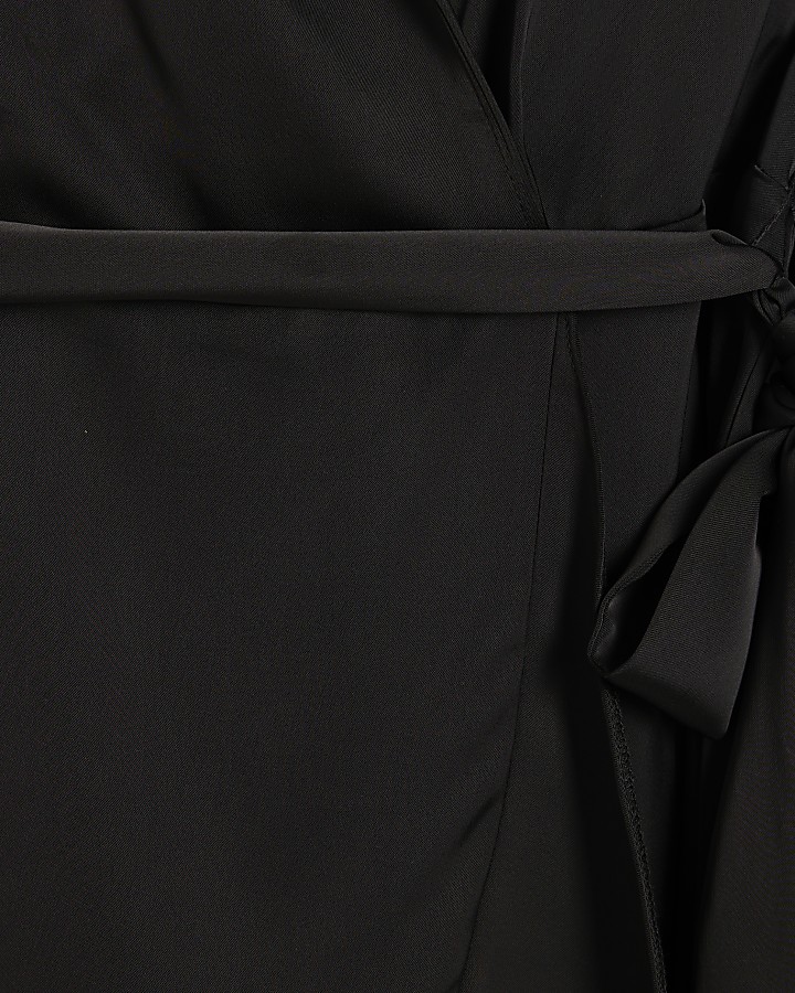 Black Satin Wrap Front Mini Dress