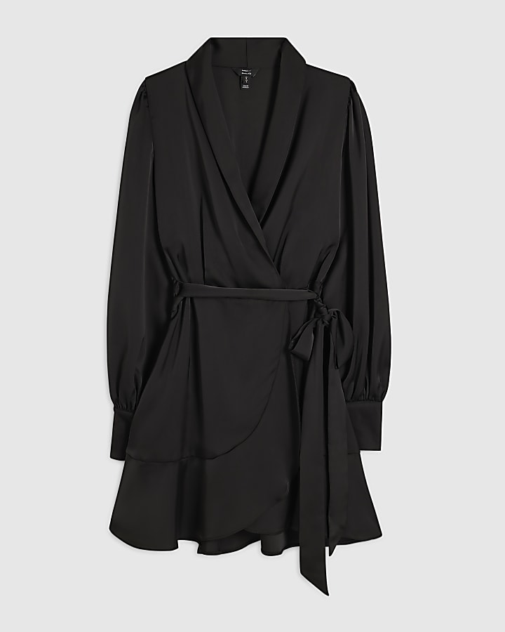 Black Satin Wrap Front Mini Dress