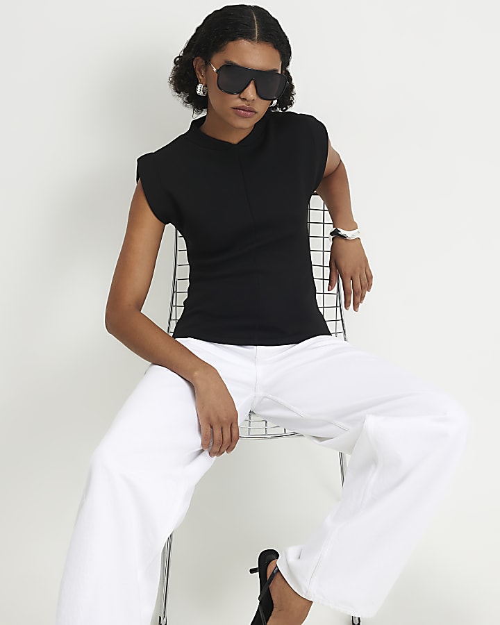 Black Knit Stand Up Collar Top