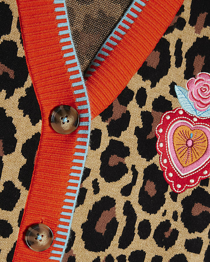Brown Leopard Print Floral Heart Cardigan