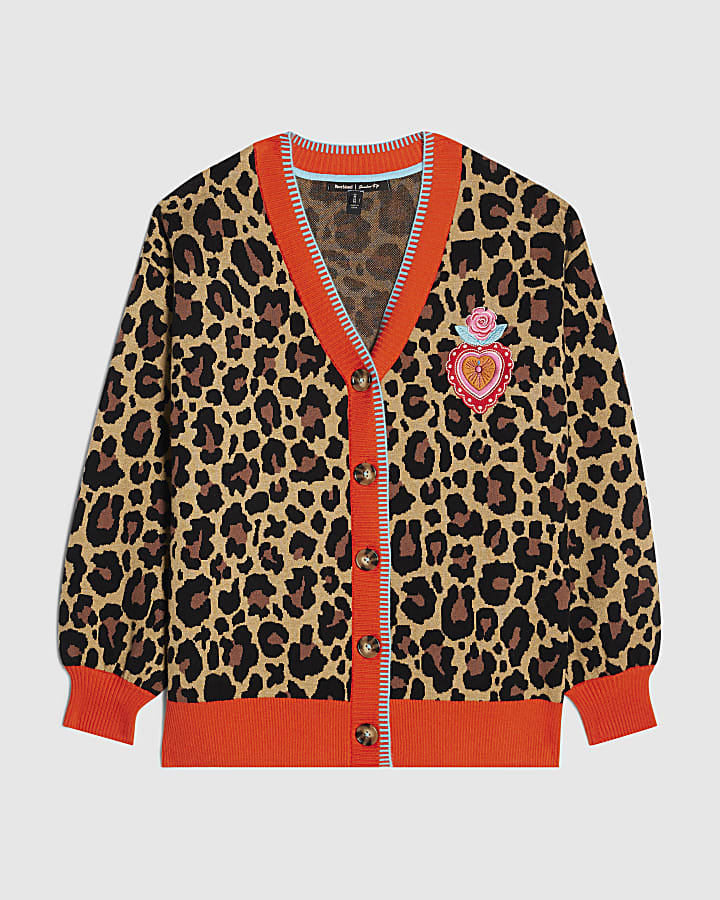 Brown Leopard Print Floral Heart Cardigan