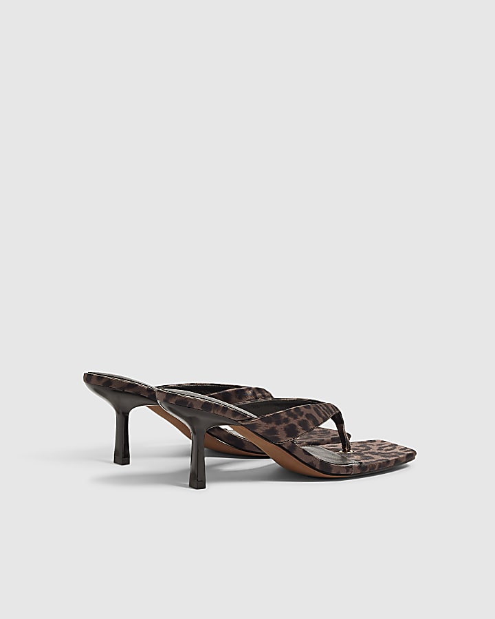 Brown Leopard Print Toe Thong Diamante Heels