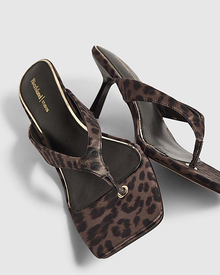 Brown Leopard Print Toe Thong Diamante Heels