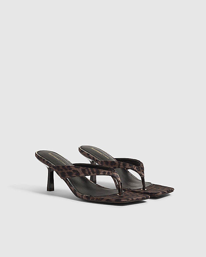 Brown Leopard Print Toe Thong Diamante Heels