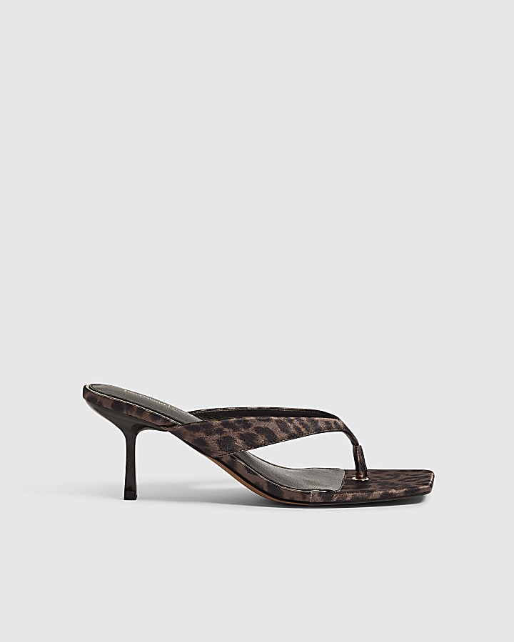 Brown Leopard Print Toe Thong Diamante Heels