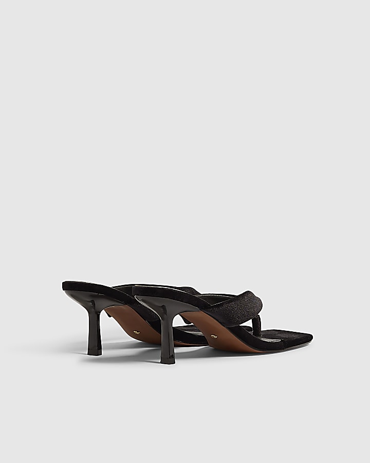 Black Velvet Toe Thong Heeled Sandals
