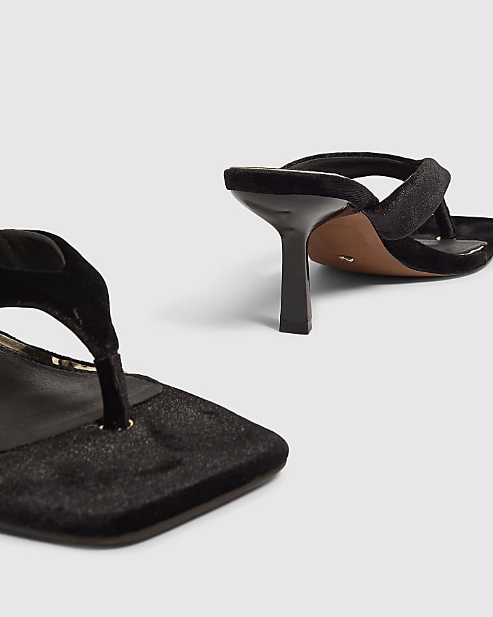 Black Velvet Toe Thong Heeled Sandals