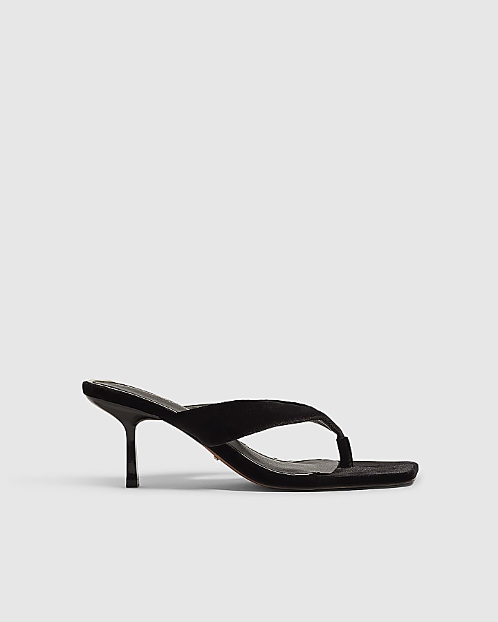 Black Velvet Toe Thong Heeled Sandals