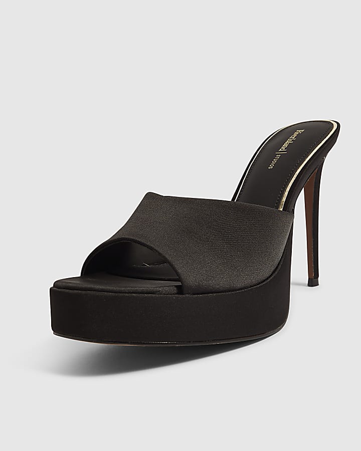 Black Platform Mule Heeled Sandals