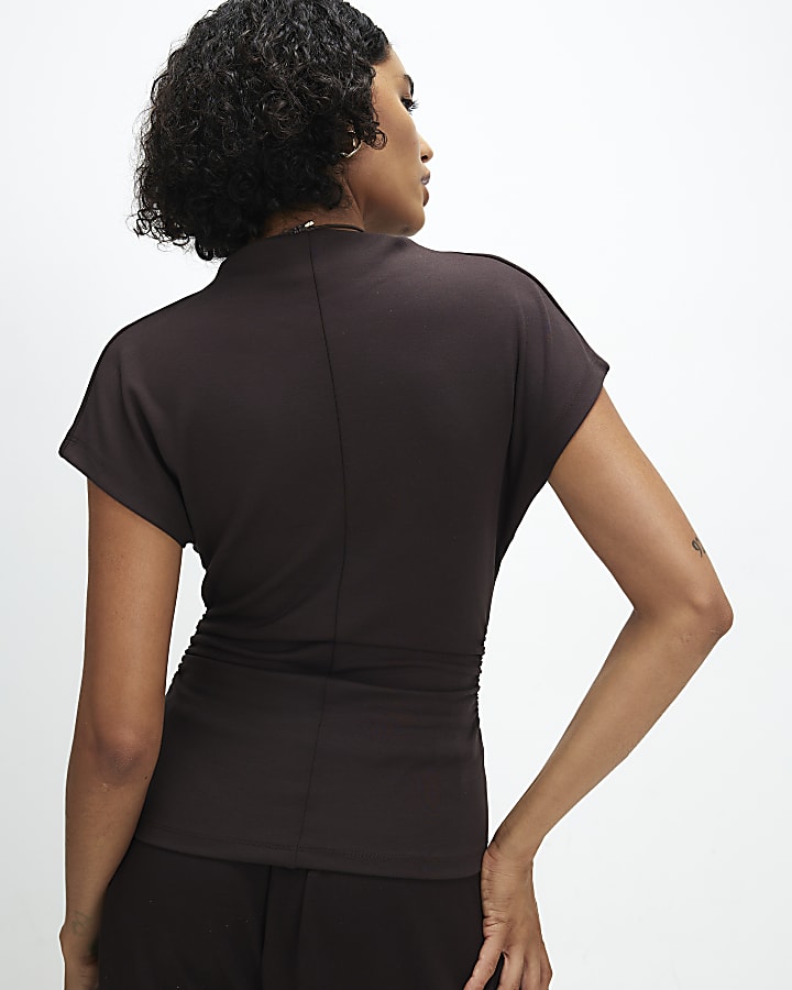 Brown Premium High Neck Ruched Top