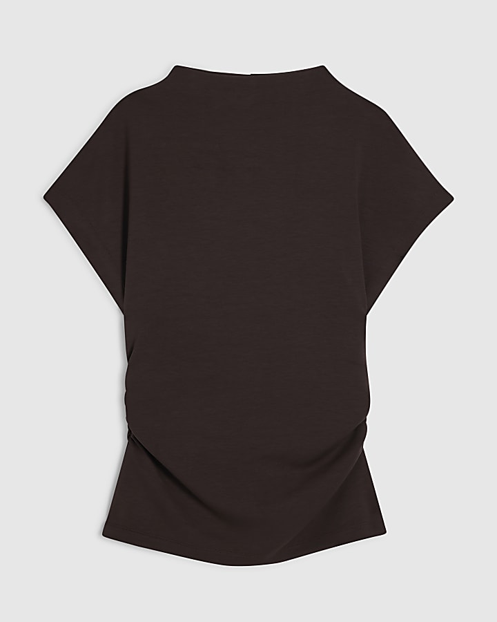 Brown Premium High Neck Ruched Top