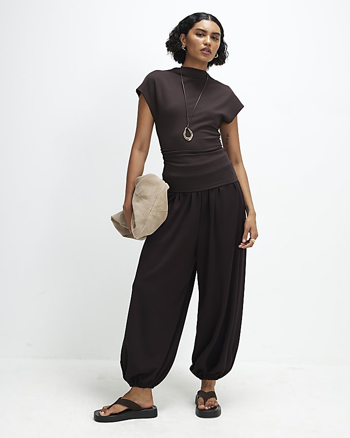 Brown Premium High Neck Ruched Top