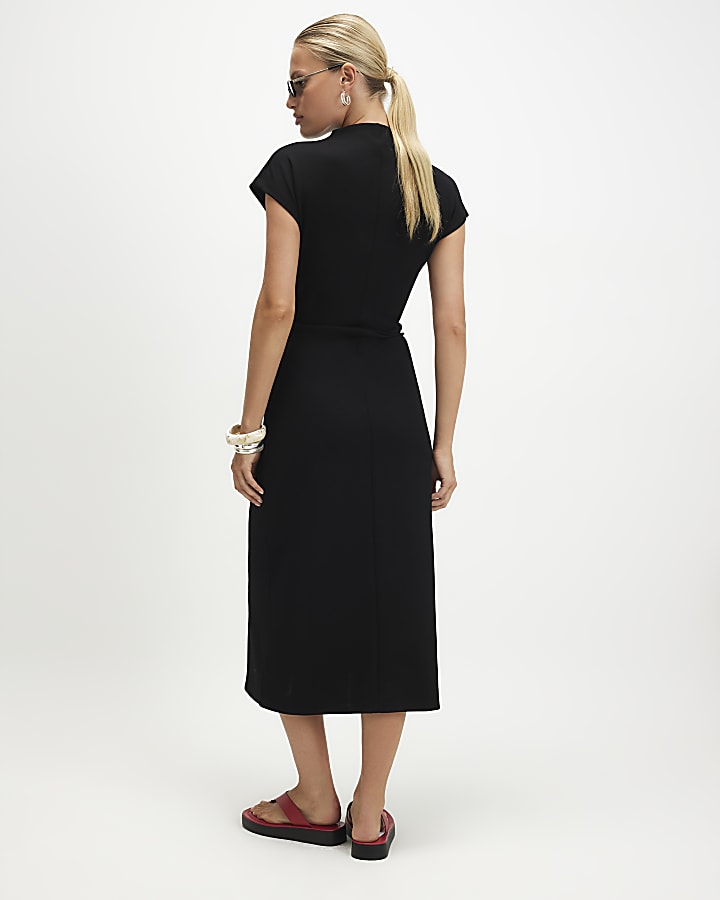 Black Premium High Neck Ruched Midi Dress