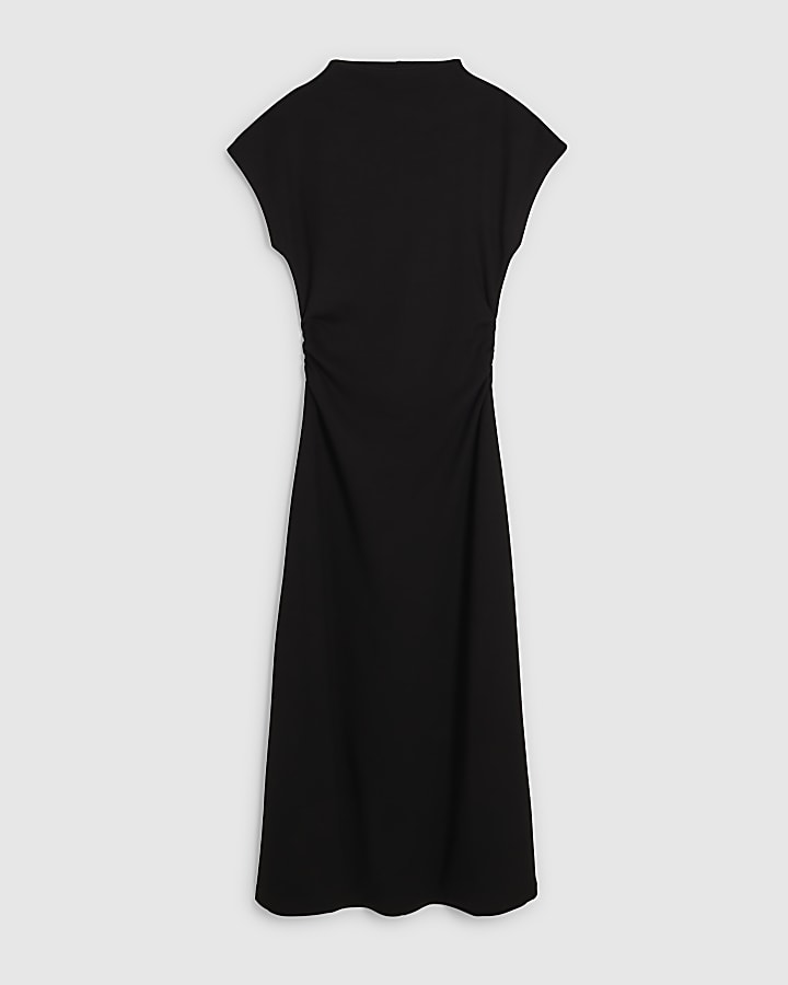 Black Premium High Neck Ruched Midi Dress
