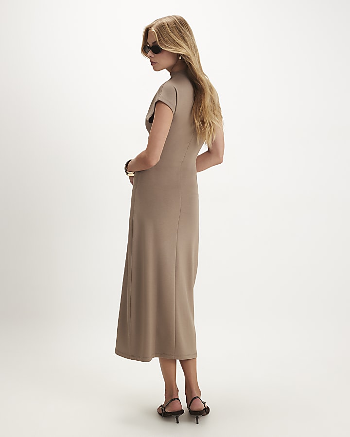 Beige Premium High Neck Ruched Midi Dress