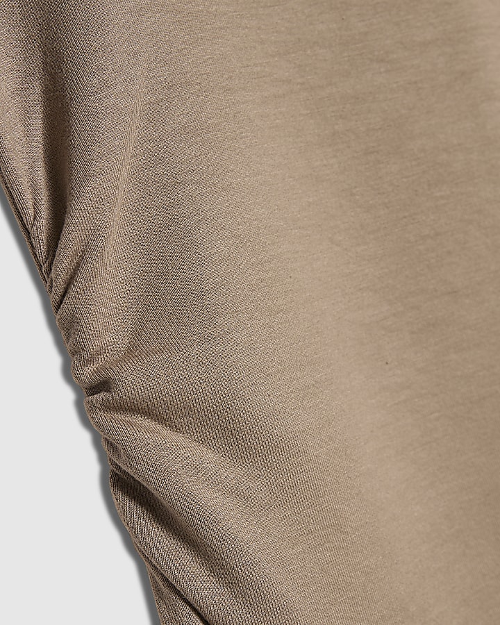 Beige Premium High Neck Ruched Midi Dress