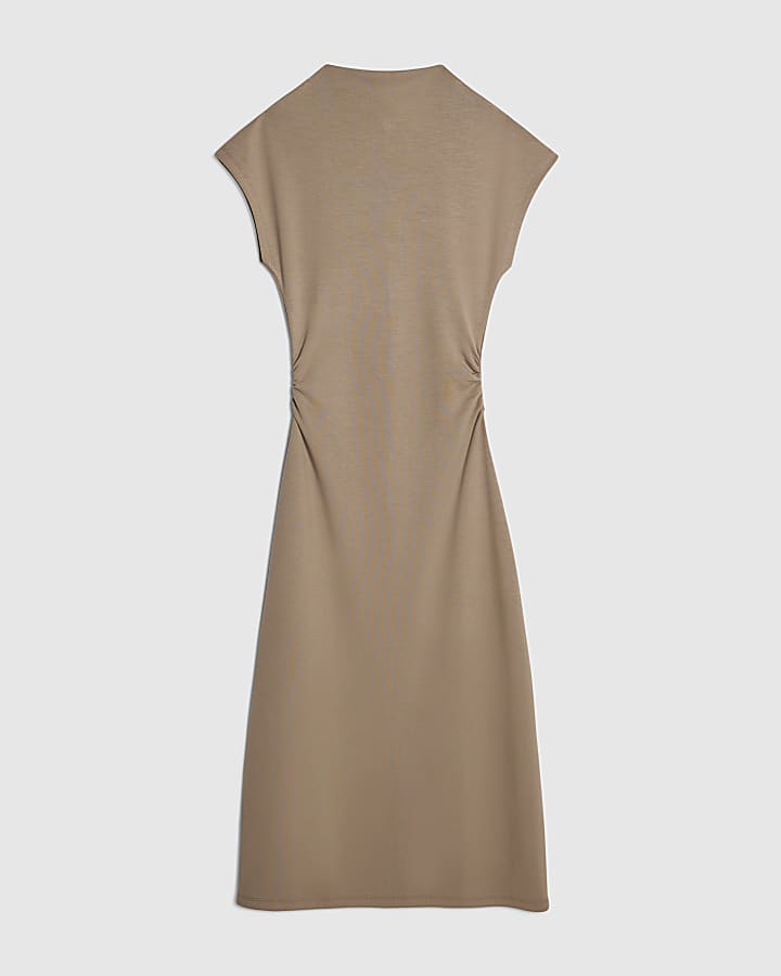 Beige Premium High Neck Ruched Midi Dress