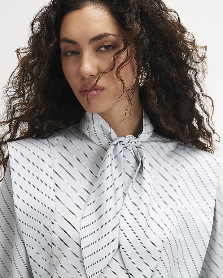 Blue Stripe Neckerchief Long Sleeve Blouse