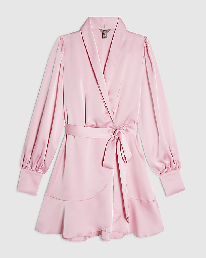 Pink Satin Wrap Front Mini Dress