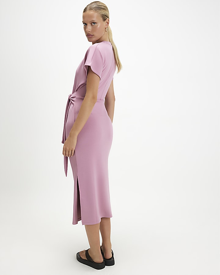 Pink Premium Short Sleeve Tie Side Midi Dress