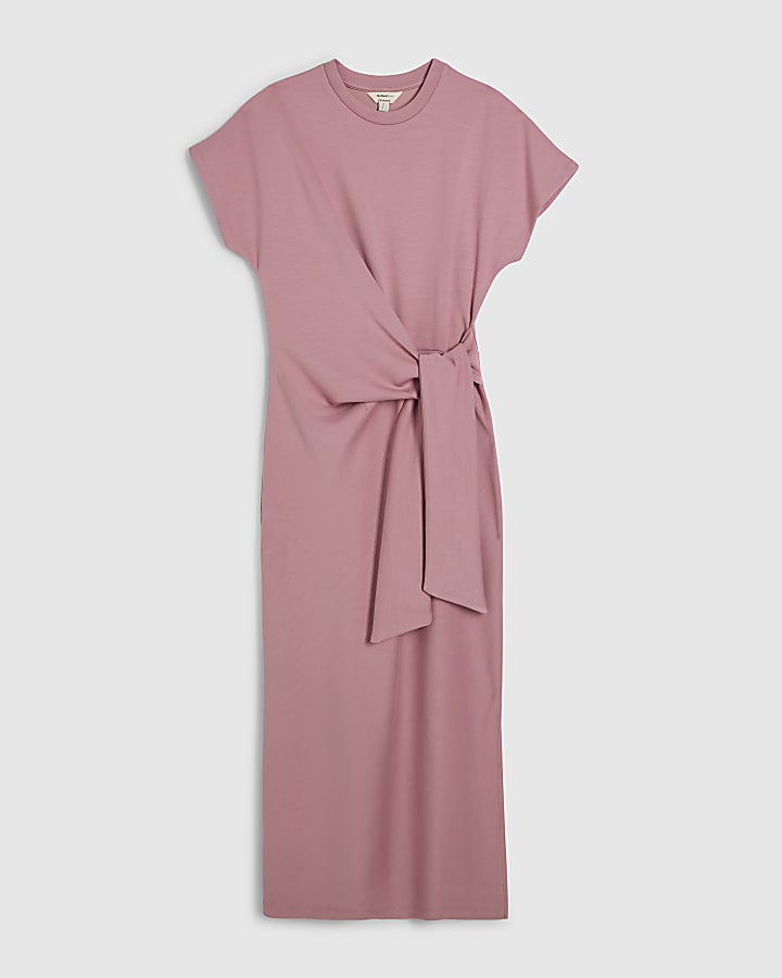 Pink Premium Short Sleeve Tie Side Midi Dress