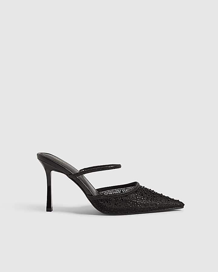 Black Diamante Mule Stiletto Heels