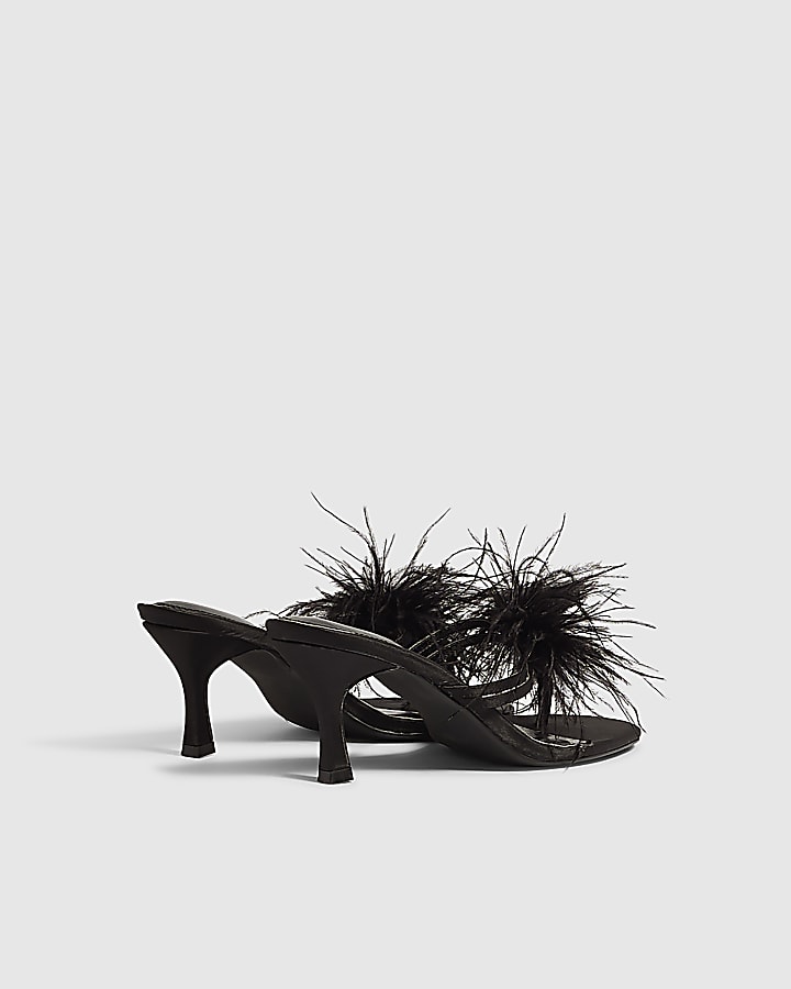 Black Feather Toe Thong Mule Heeled Sandals