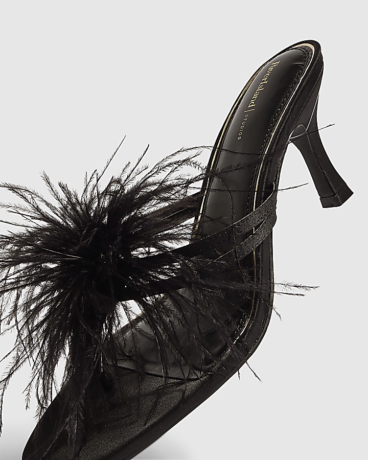 Black Feather Toe Thong Mule Heeled Sandals