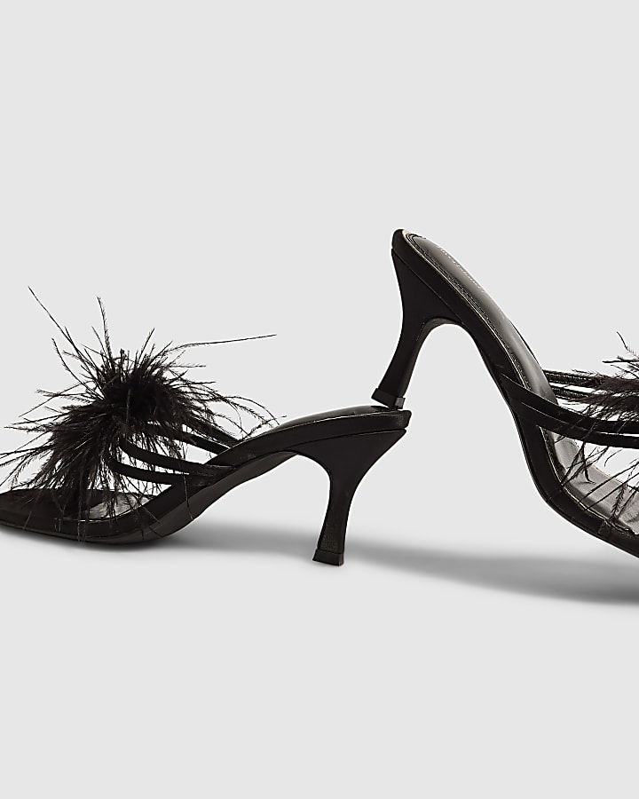 Black Feather Toe Thong Mule Heeled Sandals