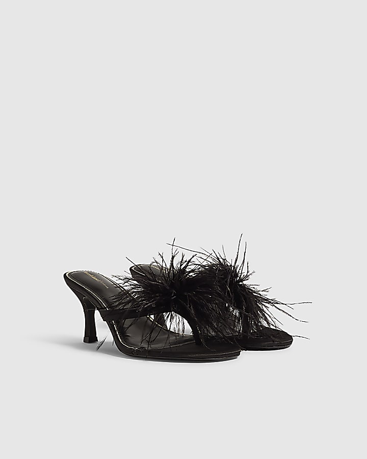 Black Feather Toe Thong Mule Heeled Sandals