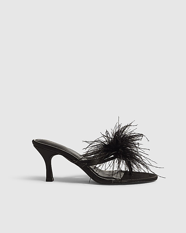 Black Feather Toe Thong Mule Heeled Sandals