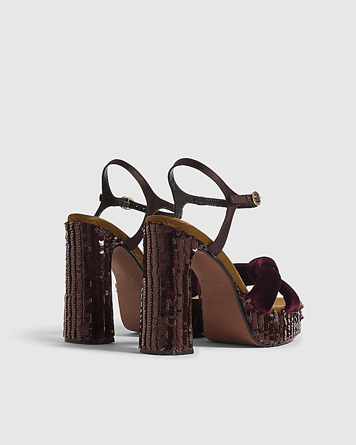 Burgundy Sequin Block Heeled Sandals