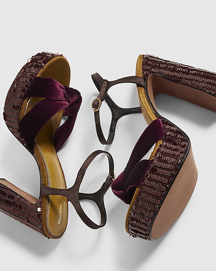 Burgundy Sequin Block Heeled Sandals