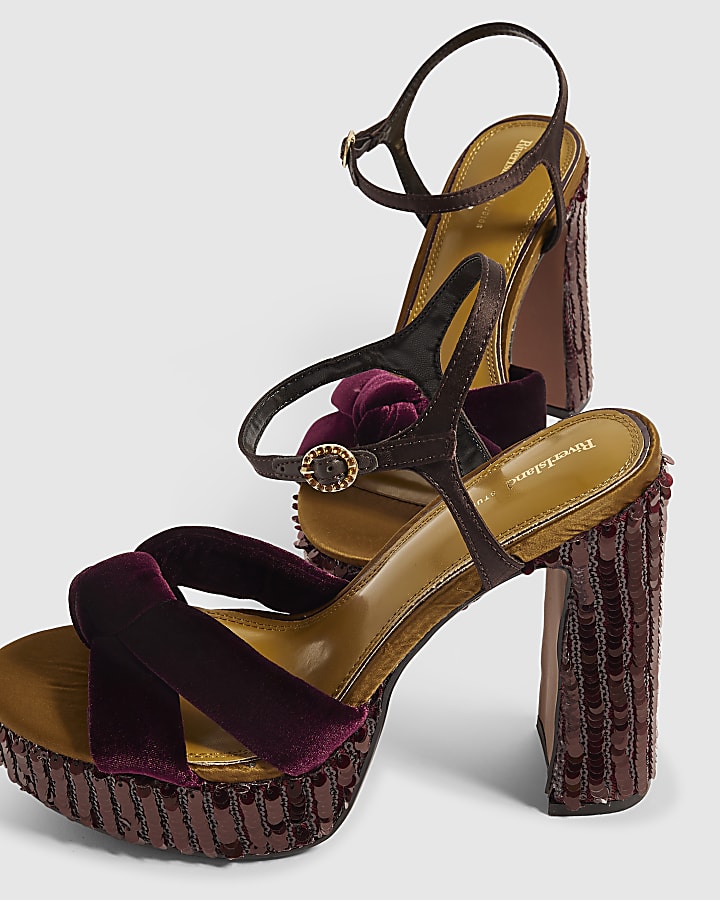 Burgundy Sequin Block Heeled Sandals